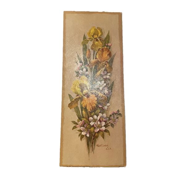 Vintage Robert Laessig Signed Lithography Floral Art Yellow Iris Flowers 15x6 - Picture 1 of 10